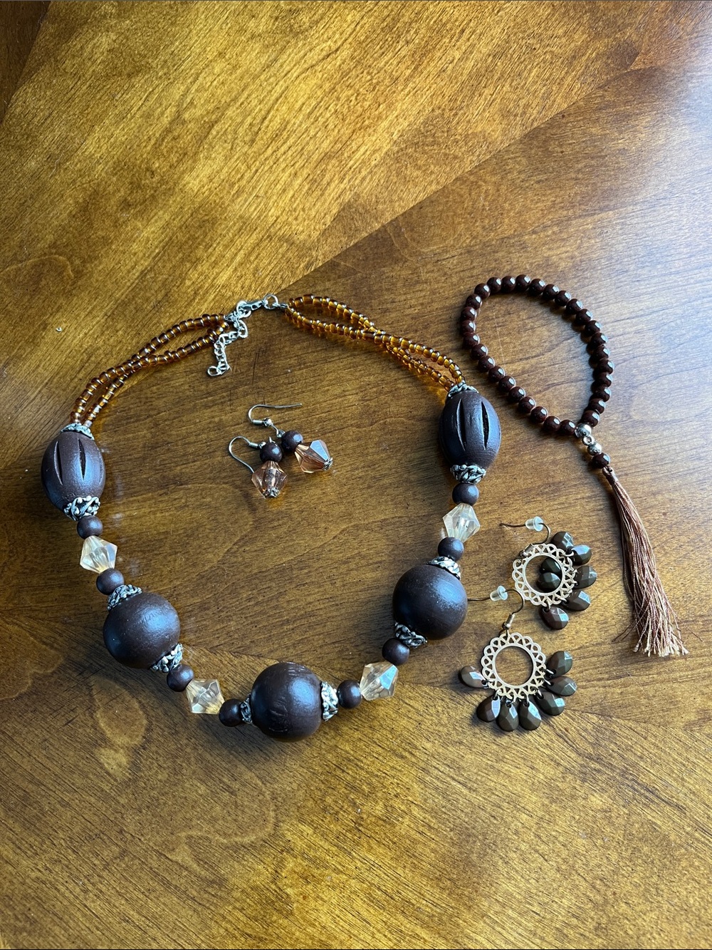 Handcrafted Brown Bead Necklace and Earring Set & pair of Earrings & Bracelet